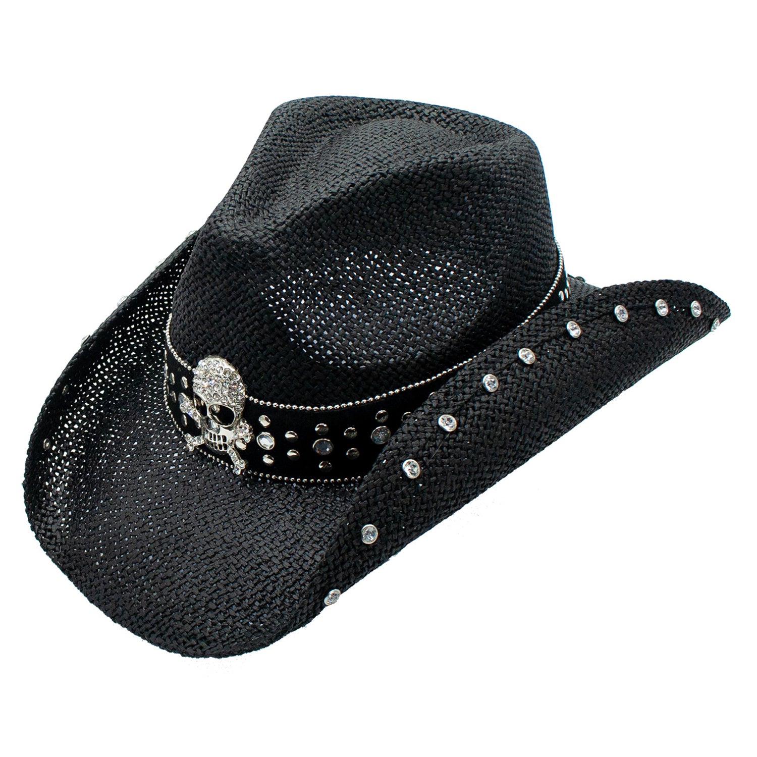 Crystal Straw 3.5 Inch Brim Skull Studded Cowboy Drifter Hat Doba Default